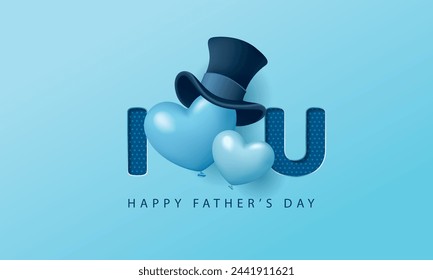 Happy Father's Day banner with heart-shaped balloons on blue background. Vector illustration for poster, greeting card, shop, invitation, discount, sale, flyer, decoration.