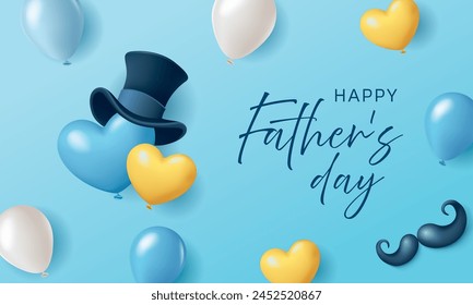 Feliz Día del Padre Anuncio con globos en forma de corazón sobre fondo azul. Ilustración vectorial para póster, tarjeta de felicitación, tienda, invitación, descuento, venta, flyer, decoración.