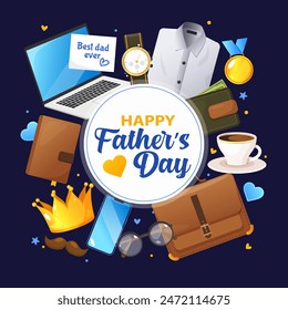 Happy Father's day banner includes mens clothes, accessories and different things.	