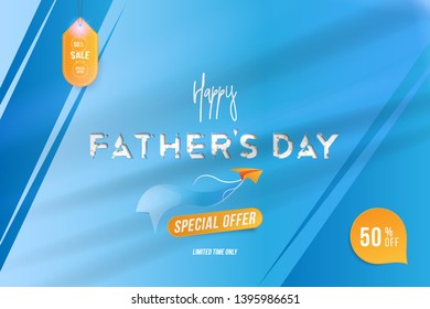 Happy Father's Day. Banner with Mega Sale 50% with special offer and light effects on background original font and stars. Flat vector illustration EPS 10.