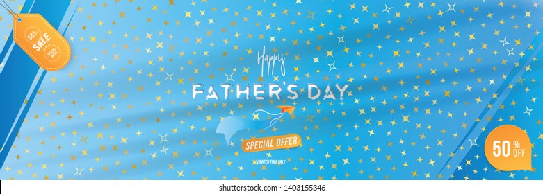 Happy Father's Day. Banner with Mega Sale 50% with special offer and light effects on background original font and stars. Flat vector illustration EPS 10