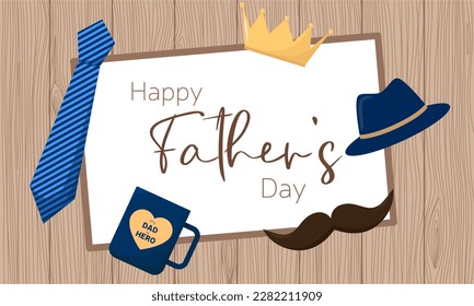 Happy fathers day banner on wood background. Card for father's day with man symbols. Vector illustration.