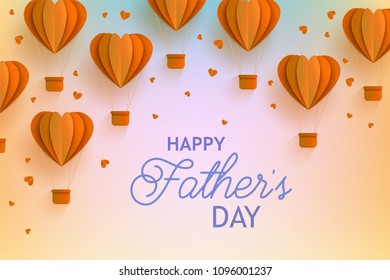 Happy Fathers Day banner with orange hot air balloons of heart shape in trendy paper art style and greeting sign on gradient background - folded cardboard abstract aerostats in vector illustration.