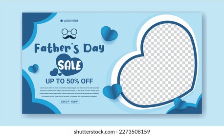 happy father's day banner template with heart symbol in blue color