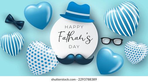 Happy Father's Day banner template with blue color and minimalist heart design.
