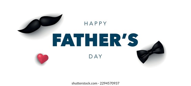 Happy Father's Day banner template with mustache, bow tie and pink heart at white background. Vector illustration for poster, sale, promo, discount, website social media, flyer, brochure,  event, ads