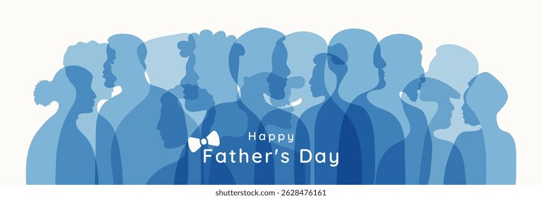 Feliz Dia dos Pais banner template em cor azul. Silhuetas de homens de diversidade no fundo branco para o cartão de pôster