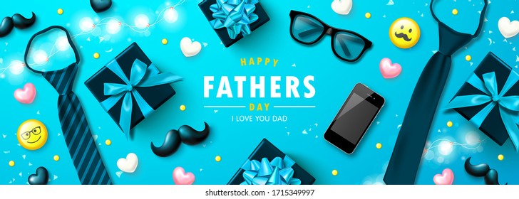 Happy father's day banner with tie, glasses, phone, mustache,emoticons and hearts.Design template for posters, postcard, promotional materials.