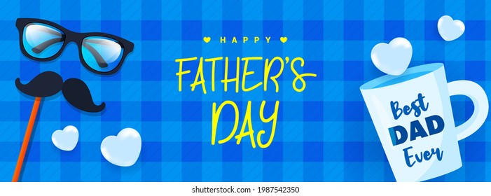 Happy Father's Day Banner Vector illustration. Glasses, mustache and dad mug on blue tartan pattern background