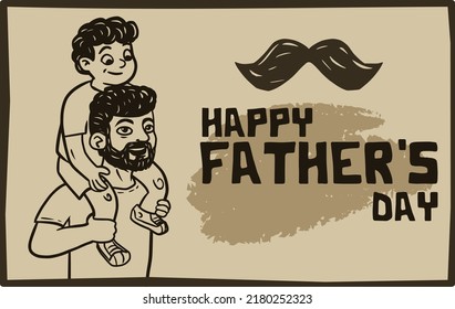 Happy father's day banner. Vector separated, son and father, woodcut style