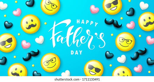 Happy father's day banner.Emoticons with glasses and mustache. Template design for postcard, flyer,poster, invitation.Vector illustration