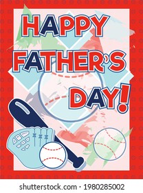 Happy Father's Day baseball theme vector illustration on a red baseball seamless pattern. Icons include baseballs, bat, baseball glove and baseball diamond.