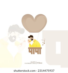 Happy Father's Day. Beautiful vector illustration of father with his child composed with the word Papa and heart shaped air balloon