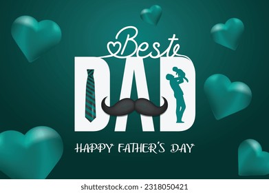 Feliz Día del Padre Hermoso Mustache de arte vectorial, padre e hijo, Corazones verdes con fondo verde.