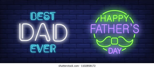 Happy fathers day, best dad ever vector illustration in neon style. Text and moustache in round shape on brick wall background. Night bright design, banner, sign. Family and fathers day, concept