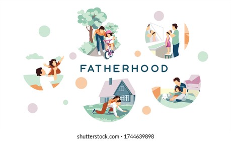 Happy fathers day. The best dad in the world. A gift for father. Different stages of fatherhood set. He teaches his children to read, ride a bicycle, plays different games with his daughter. Vector 