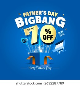 Happy Father's Day: Fathers Day Bigbang up to 70% off, discount, deal offer, and sale promotion concept design with gift box.