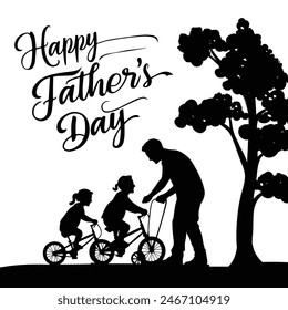 Happy Father's day! Bike with children's and dad. Father's Day poster or banner template