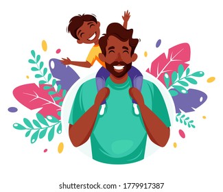 Happy Father's Day. Black man with son in his shoulders. Father's Day greeting card, banner concept. Vector illustration.