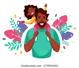 Happy Father's Day. Black man with daughter in his shoulders. Father's Day greeting card. Vector illustration 