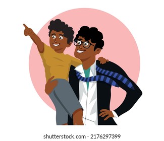 Happy Fathers Day. Black man with children on his shoulders. Father's Day card. vector illustration.