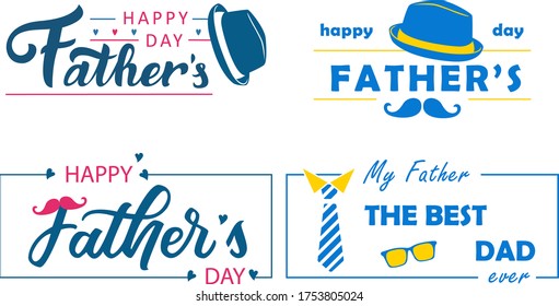 Happy Father's Day. Blue and pink lettering with hearts and hat