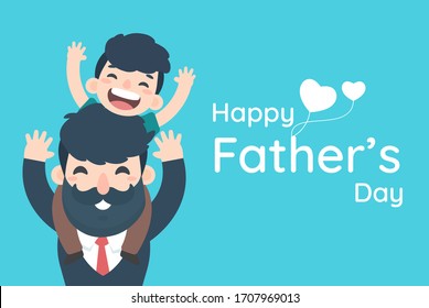 Happy Father's Day. The boy is happy to ride his father's neck, a cartoon businessman carrying his son.