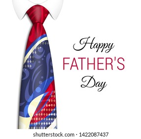 Happy father's day. Bright banner for congratulations with a realistic men's colorful tie. With an elegant handmade pattern. Realistic illustration. Vector  