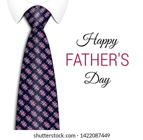 Happy father's day. Bright banner for congratulations with a realistic men's colorful tie. With an elegant handmade pattern. Realistic illustration. Vector  