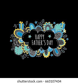 Happy Father's Day bright vector illustration with presents, stars, shapes and swirls on a black background.