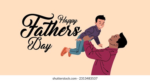 Happy Father's Day calligraphy with the father holding boy editable vector illustration for social media posts.  