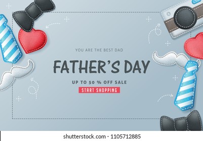 Happy Fathers Day Calligraphy greeting card and sale poster background. Vector illustration.felt fabric design.