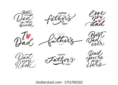 Happy Father's day calligraphy greeting cards. Modern vector brush calligraphy collection. Happy Father's Day typography design, hand drawn lettering. Brush pen holiday lettering isolated on white.