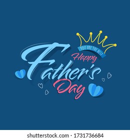 Happy Father's Day Calligraphy with Line Art Crown and Paper Cut Hearts on Blue Background.