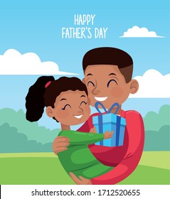 happy fathers day card with afro dad carring daughter in the camp vector illustration design