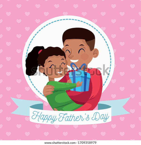 happy fathers day card with\
afro dad carring daughter in circular frame vector illustration\
design