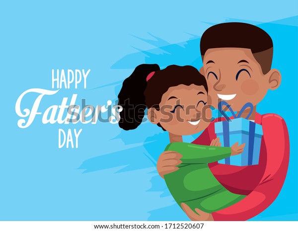 happy fathers day card with afro dad carring\
daughter vector illustration\
design