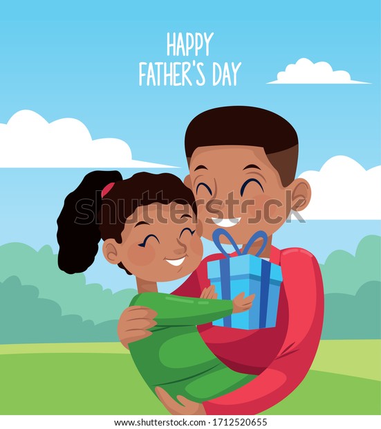 happy fathers day card with afro dad\
carring daughter in the camp vector illustration\
design