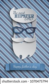 Happy Fathers Day card blue design for event, banner or poster. Striped background with paper cut hipster men's bearded face with mustache, glasses. Congratulation text on ribbon. Vector illustration