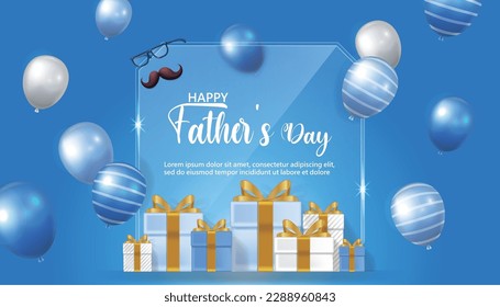 Happy Father's Day card in blue with balloons and gifts floating upwards