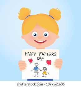 Happy Father's Day card with child holding drawing picture postcard, cartoon vector illustration