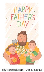 Tarjeta del Día del Padre. Los niños felicitan al padre. Vector linda ilustración para postales, carteles, Anuncio.