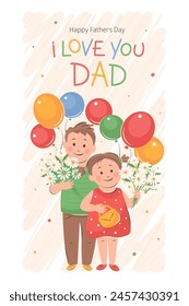 Happy Father's Day card. Children congratulate father. Vector cute illustration for postcards, posters,  banner.