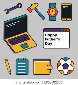 happy father's day card with computer phone watch notebook hammer  elements