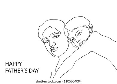 Happy Father's Day card. Continuous line drawing. Father and his son. Trendy minimalistic black and white design.