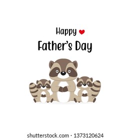 Happy Father's Day Card With Cute Raccoon Characters. Vector Illustration In Cartoon Style. 