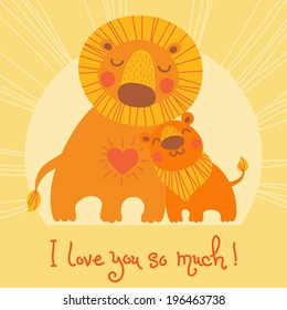 Happy Father's Day card. Cute lion and cub. Vector illustration.