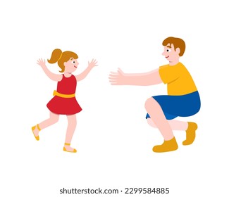 Happy fathers day card. Cute girl runs to her father. Father hugs his daughter. Vector illustration in cartoon flat style. Take care fatherhood