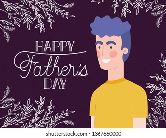 happy fathers day card with dad and leafs plant decoration