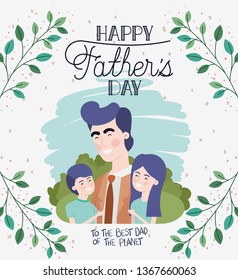 happy fathers day card with dad and kids